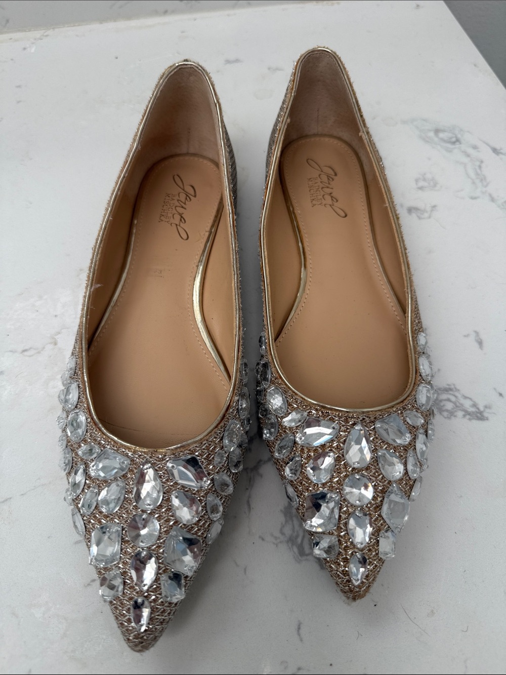 Badgley Mischka Crystal-Embellished Pointed Toe Flats in Metallic Gold